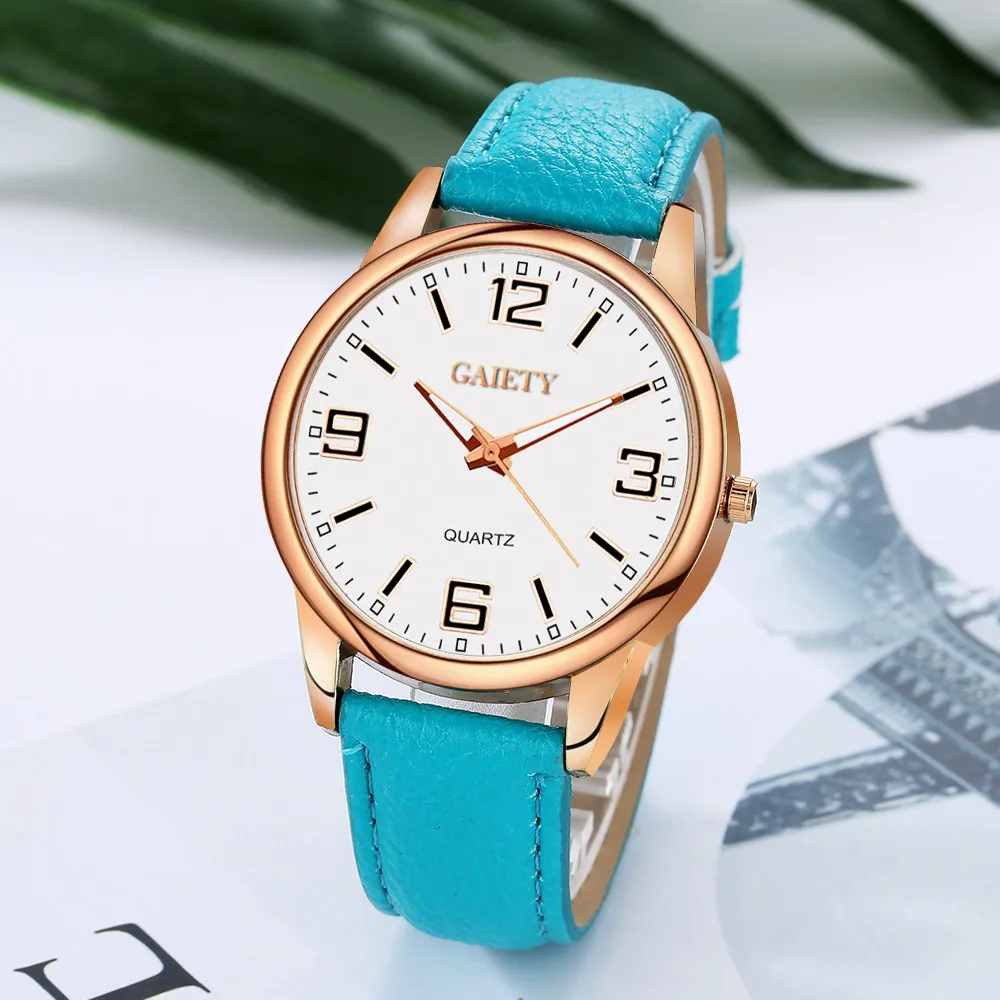 Женские часы с кожаным ремешком аналоговые кварцевые круглые большим