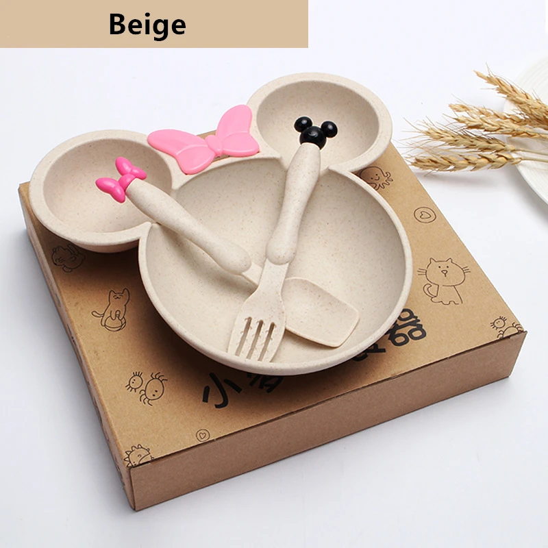 Beige 3 шт./компл. Детские пшеничная посуда с Микки-Маусом для кормления, столовая ложка, вилка, комплекты одежды для малышей, фруктовый десерт блюдо еда тарелка посуда набор - Цвет: Beige