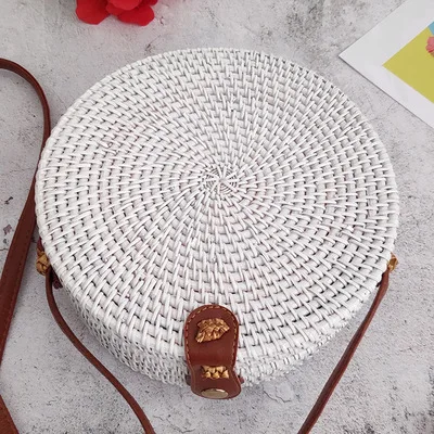 brownwhitepikou 18x8 см круглые пляжные сумки Женская дорожная плетеная Сумка из ротанга ручной работы тканая соломенная сумка через плечо круглая Богемская сумочка - Цвет: brownwhitepikou