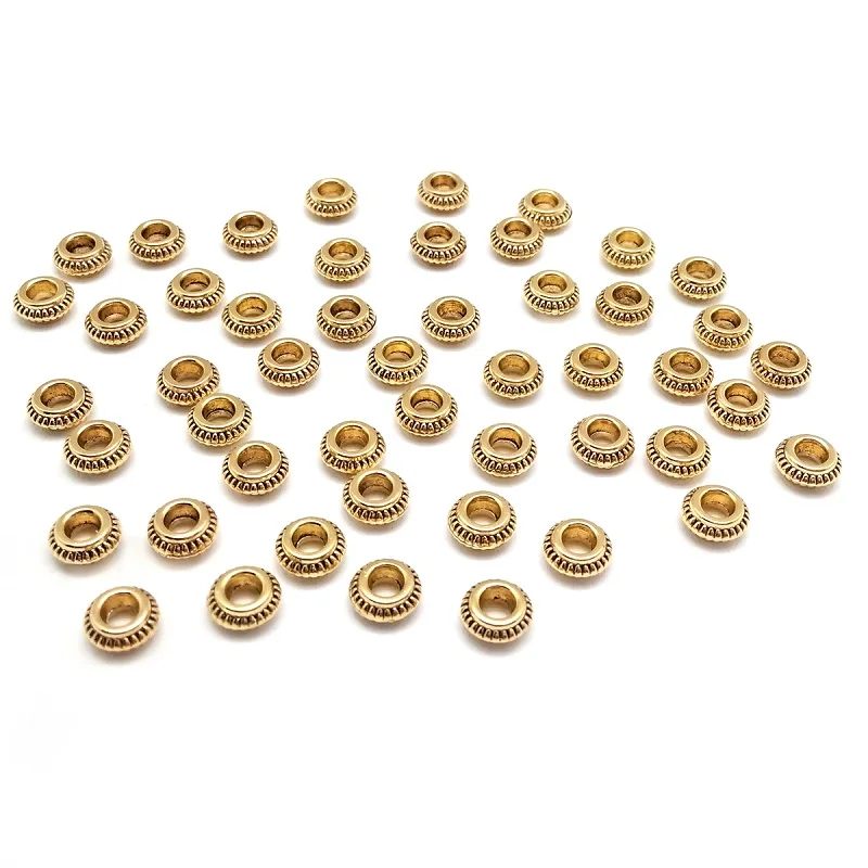 Gold 50 шт круглые плоские бусины из цинкового сплава, металлические бусины для самостоятельного изготовления браслетов и ожерелий 7x3 мм - Цвет: Gold