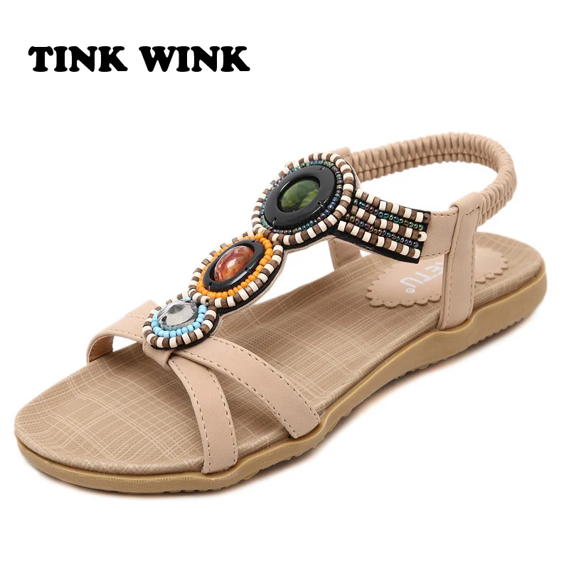 Рим сандалии 2017 женщин летом плоским мягкое дно Чешского стиль Elast Группы бусы