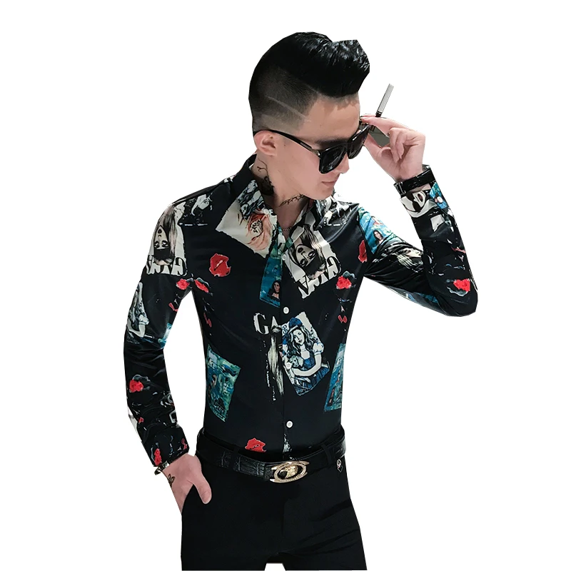 Men Shirt High Quality Brand 2019 Long Sleeve Streetwear Casual Slim Fit Pretty Girl Print Mens Shirts Party Tuxedo | Мужская одежда