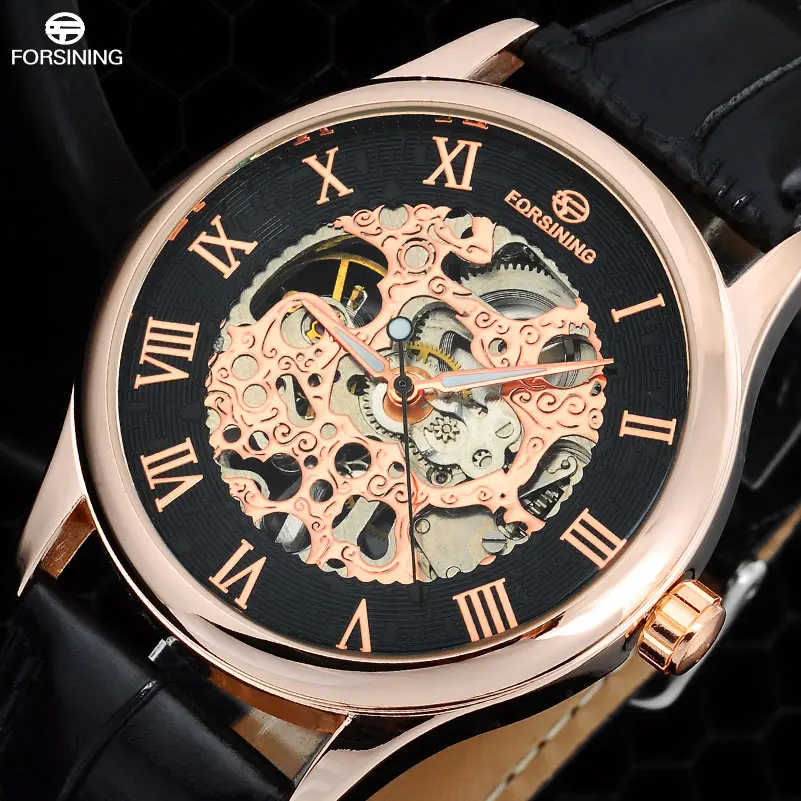FORSINING Fashion Brand Men'S Casual Watches Men Leather Band Hand Wind Skeleton Mechanical Wirst Relogio Masculino | Наручные часы