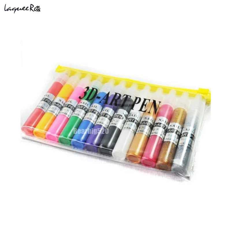 

Good Quality 12 Colors Nail Art Pen For 3D Nail Art DIY Decoration Nail Polish Pen Set 3D Design Paint Pen
