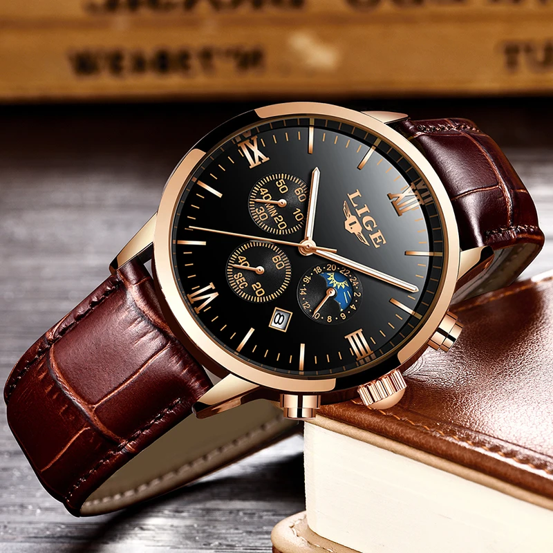 Reloj de hombre LIGE Men's Watches Men Business Fashion Leather Watch Moon phase Date Luminous Multi-function Sport Quartz Clock