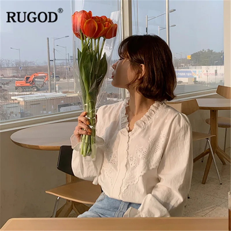 RUGOD/женские блузки с v-образным вырезом лоскутные вырезами кружевным краем белые
