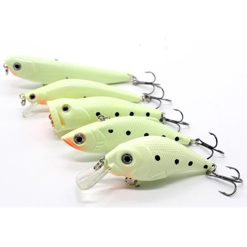 

Fishing lure set 5pcs luminous Minnow Artificial Crank Hard Bait VIB Popper Fishing Wobblers Swimbait with 2 Treble Hooks Tackle