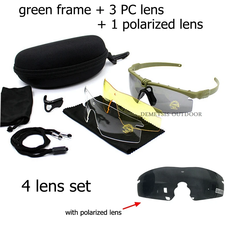 green polarized 4len Тактические поляризационные очки, военные очки, пуленепробиваемые армейские солнцезащитные очки с 3 линзами, мужские очки для стрельбы, мотоциклетные очки Gafas - Цвет: green polarized 4len