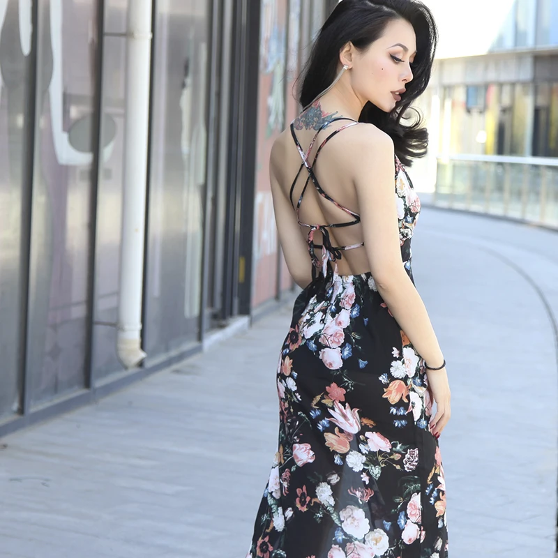 Летнее платье из шифона с цветочным принтом очень сексуальное длинное без