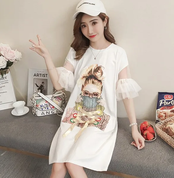 2019 летние женские платья с рукавом бабочкой и принтом из мультфильмов для