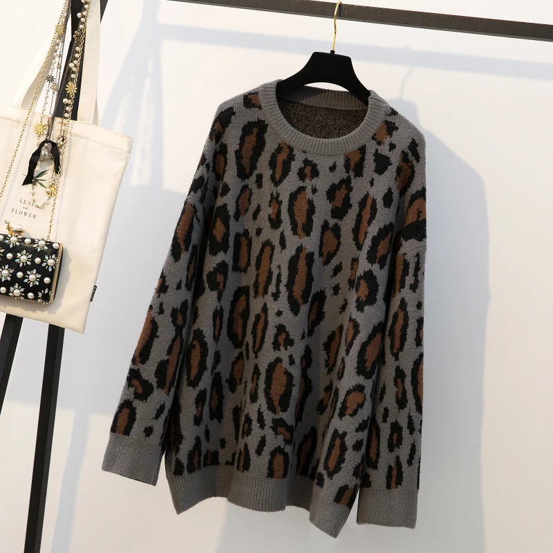 HAMALIEL Runway Designer Plus Size Knitted Sweater And Pullovers Fashion Thick Leopard Print Loose Tops Casual Oversize Jumper | Женская