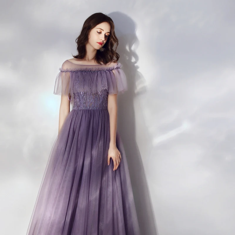 Женское вечернее платье до пола SSYFashion фиолетовое длинное с вырезом лодочкой