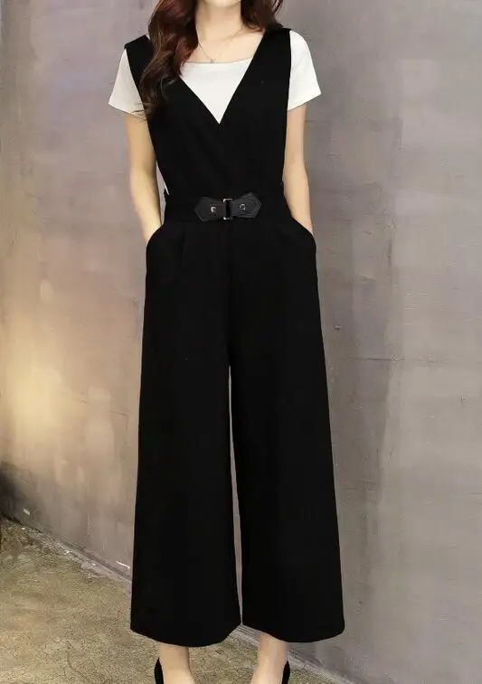 

S-2XL Hot / Spring Women New Suspenders Of Tall Waist Show Thin Black Wide-legged Female Fashion Nine Points