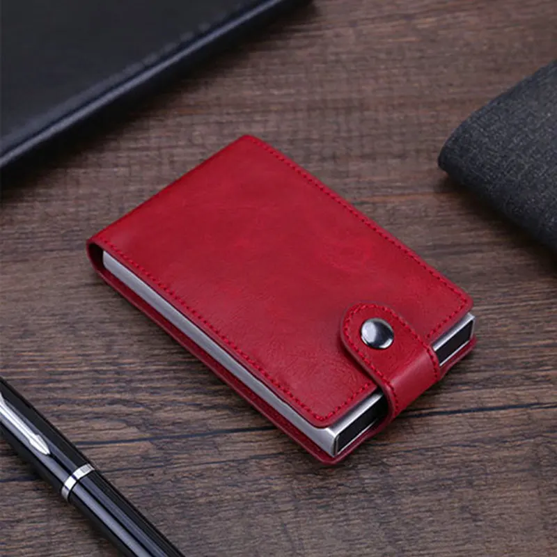 

BISI GORO Men&Women Credit Card Wallet Aluminum Card Organizer Wallet RFID Buckle Business ID Card Holder Crazy Horse Leather