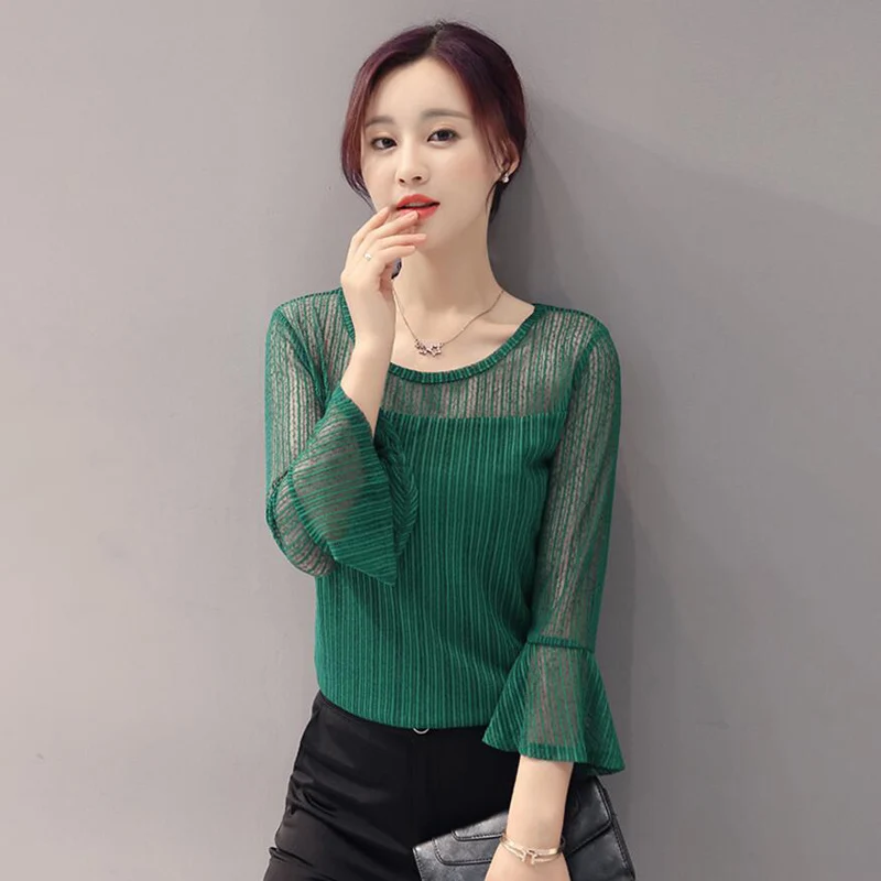 Fashion Three Quarter Flare Sleeve Chiffon Blouse Women 2018 Sexy Lace Mash Perspective Blusas Slim Top Plus Size Blouses LY897 | Женская