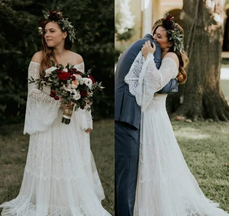 Полностью кружевной Boho свадебный наряд 2019 трапециевидной формы с открытыми