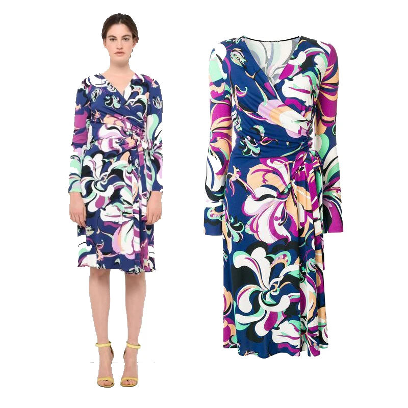 Новинка модный показ длинные рукава принт обернутый стиль эластичное