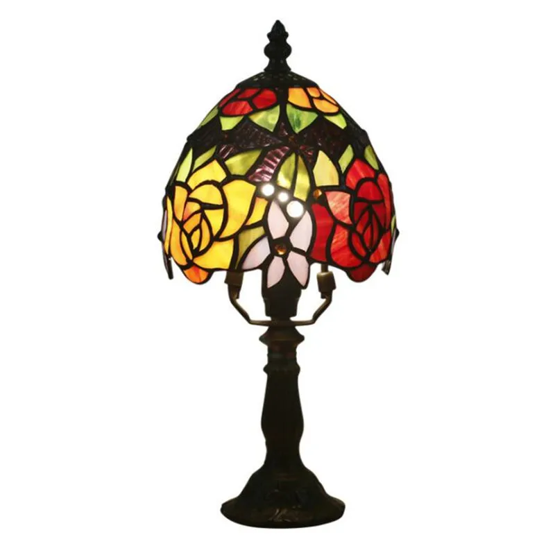 

15cm Vintage Exotic Tiffany Flowers Glass Table Lamp for Foyer Bed Room Bar Apartment Colorful Glass Reading Light H 33cm 1061