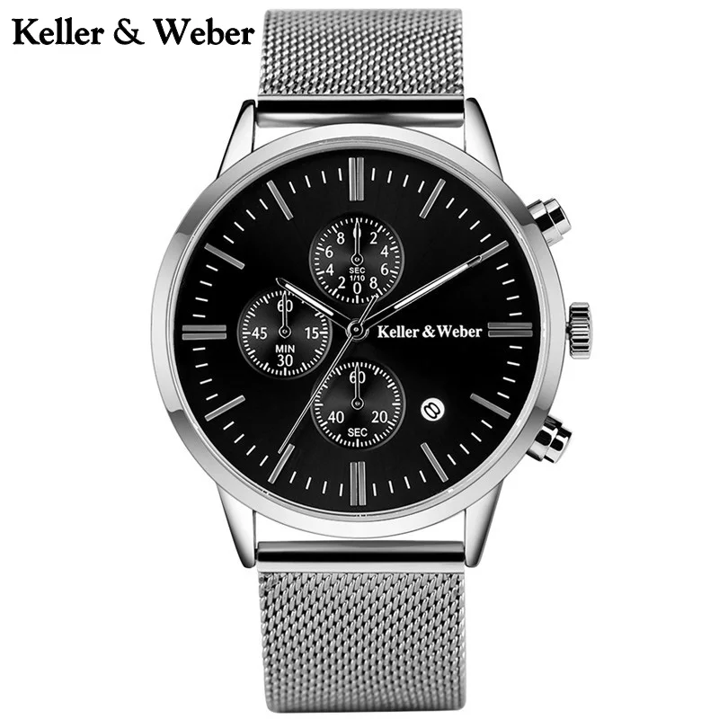 Keller& Weber, кварцевые часы с хронографом, мужские часы из нержавеющей стали с сетчатым ремешком, с дисплеем даты, наручные часы, Короткие часы, мужские часы