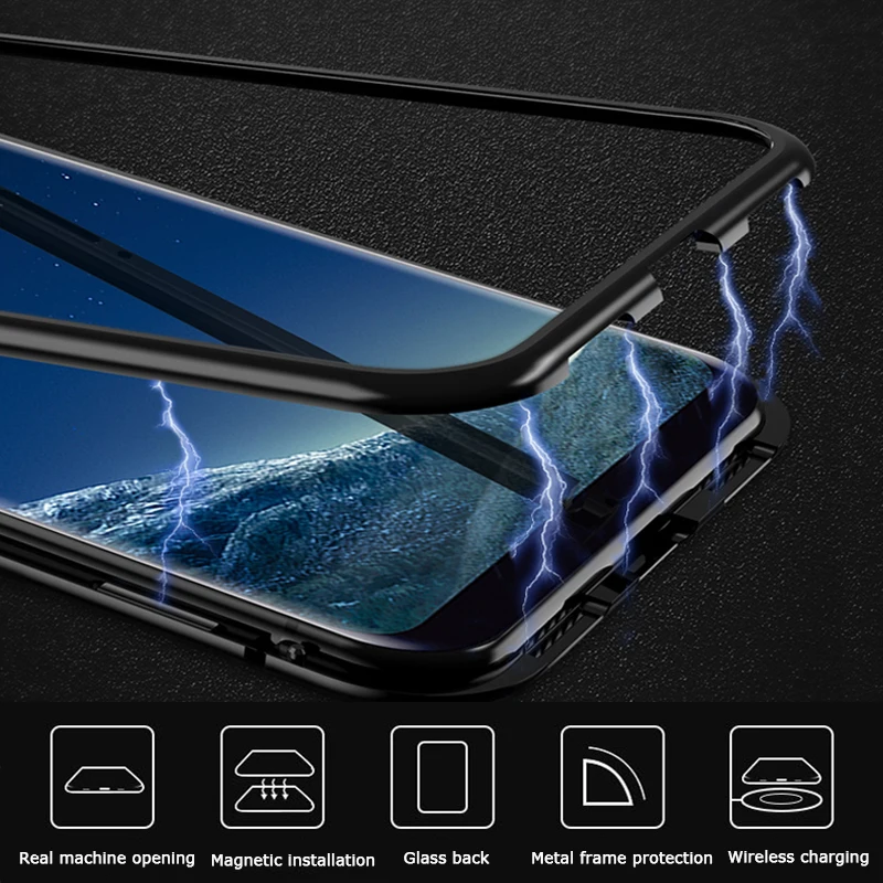 luxury Flip Metal Magnetic Glass Case For s9 s8 plus s10 e note 8 9 j4 j6 j8 a7 a9 2018 Cover Shell magnet coque