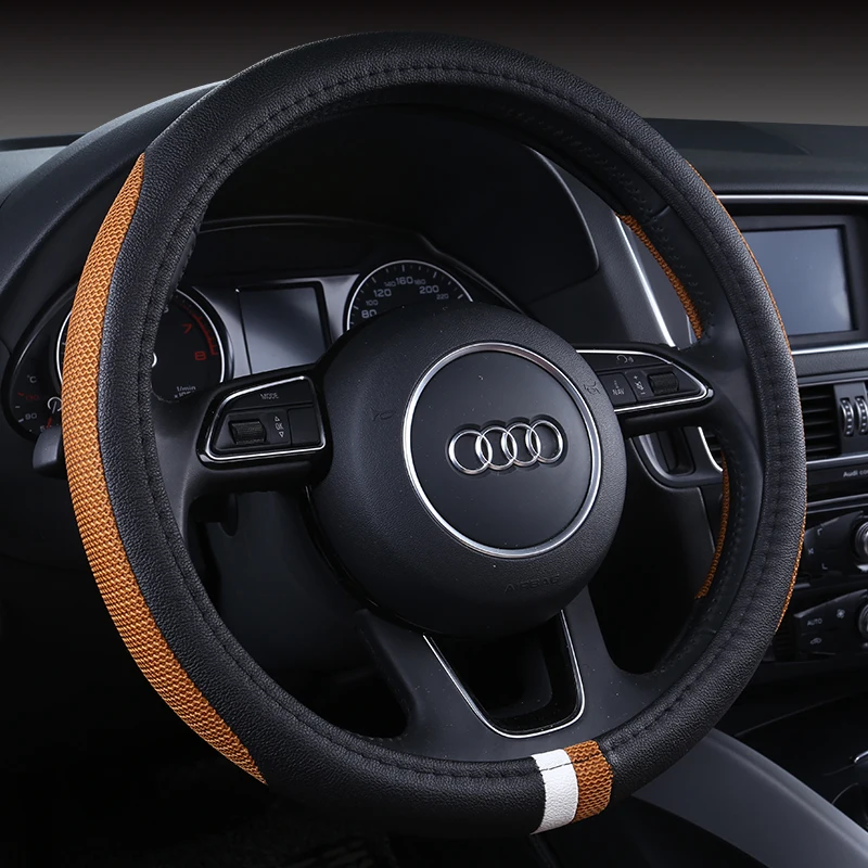 

KKYSYELVA 38cm Auto Steering-Wheel Black Car Styling Steering Wheel Cover Leather Steering Covers Car Interior Accessories