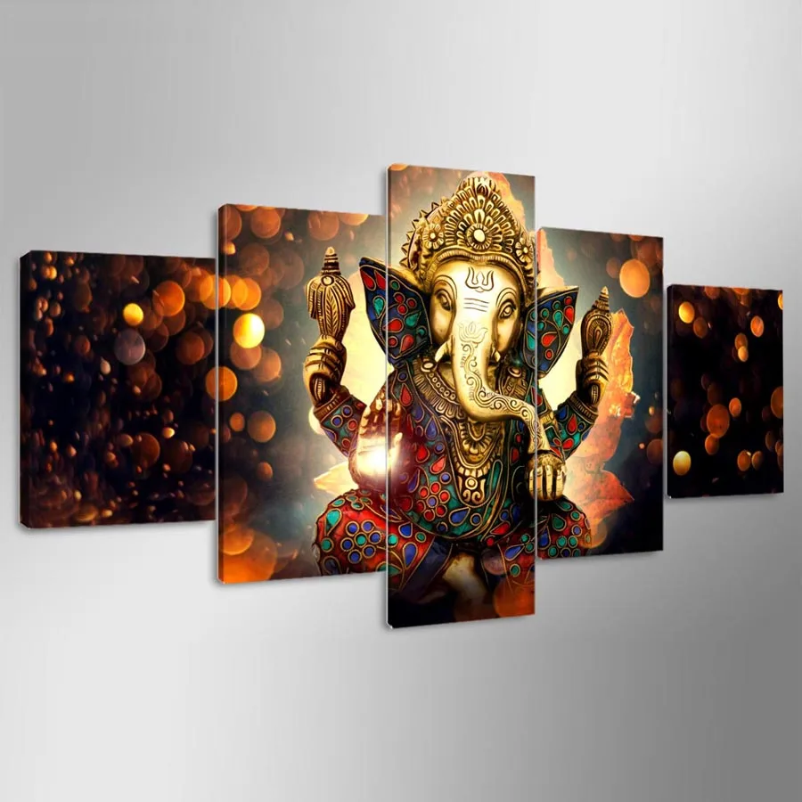 

Wall Art Canvas Painting Elephant God Style Pictures For Living Room 5 Panel Lord Ganesha Cuadros Modern Decoration Paintings