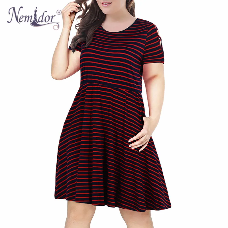 red stripe Nemidor Women Casual O-neck Short Sleeve Stripe Print A-line Dress Plus Size 7XL 8XL 9XL Swing Fit and Flare Dress With Pockets - Цвет: red stripe