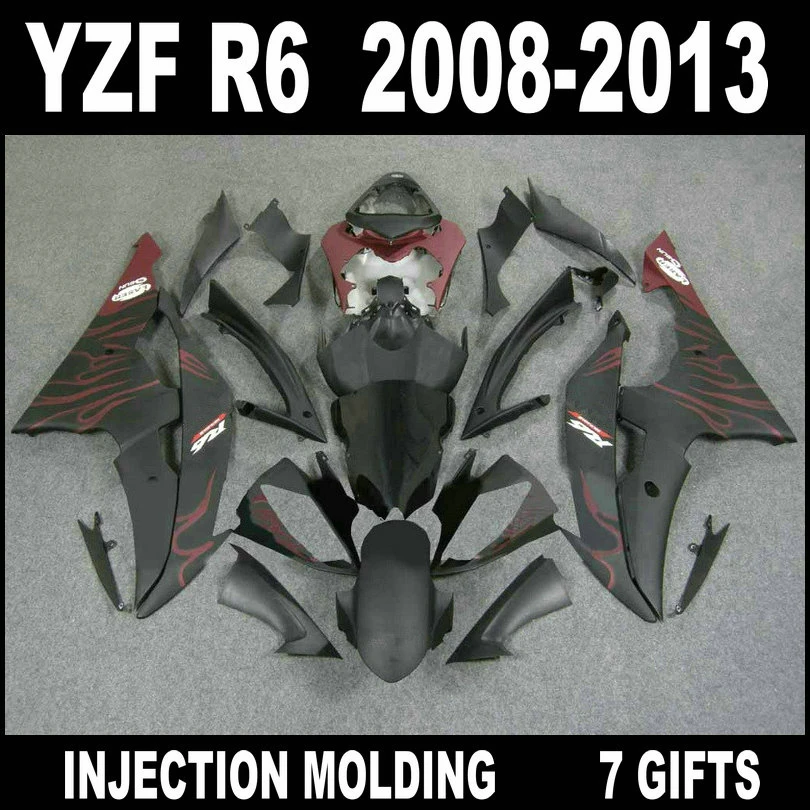 

Высококачественные обтекатели для YZF R6 2008 - 2013 плоские черные с винно-красным пламенем Обтекатели YAMAHA R6 08 09 10 11 12 13 комплект обтекателей