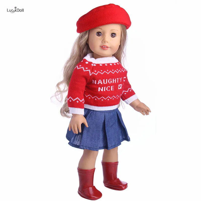 LUCKDOLL Красный Модный комплект шапка + свитер юбка сапоги для 18 дюймовые аксессуары