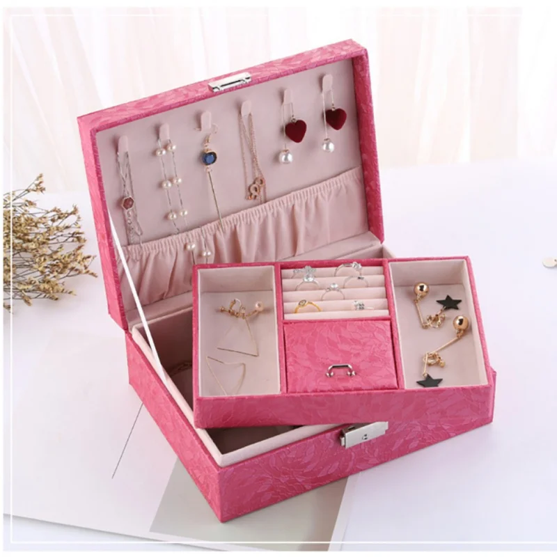 

Jewelry Storage Case Organizer Box with Lock for Earrings Bracelets Rings Necklace Dual-Layers PU Leather
