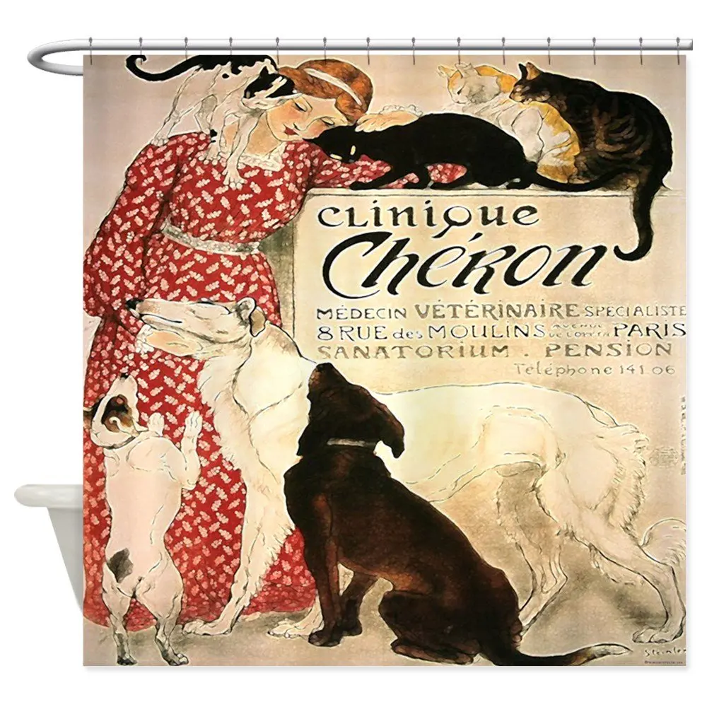 

Vintage French Cat Dog Decorative Fabric Bathroom Polyester Shower Curtain