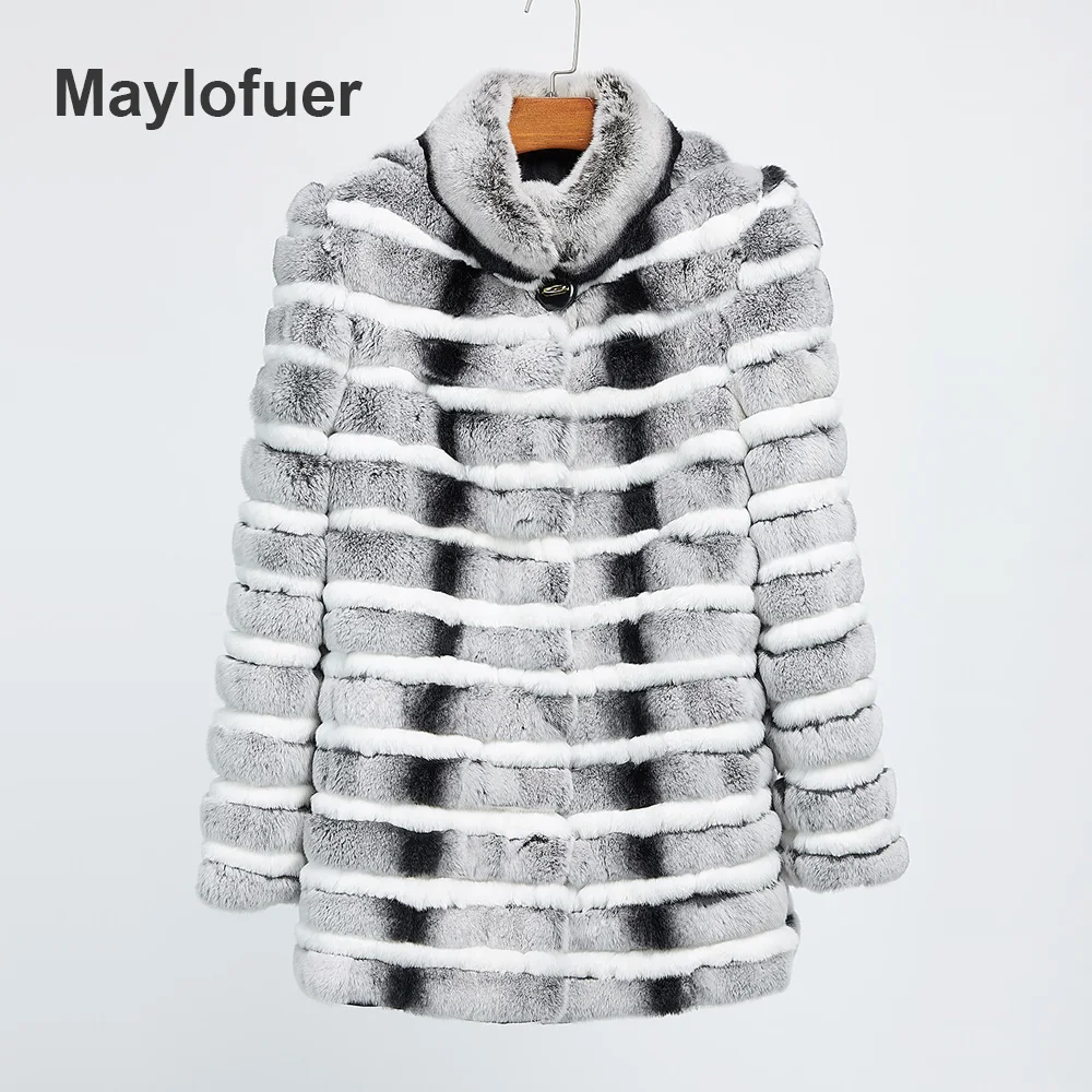 Maylofuer шуба из кролика рекс с длинными рукавами стоячий воротник Шиншилла Меховая