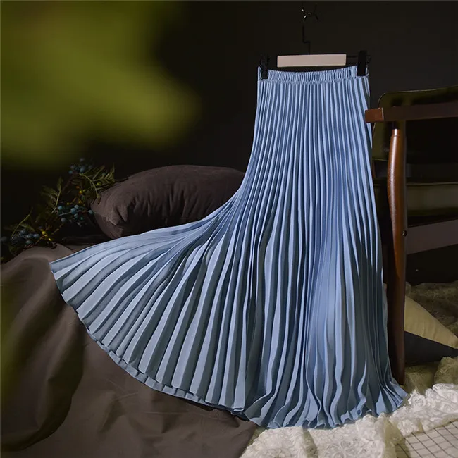 Color 15 Light Blue Женские летние Для женщин юбка Женский винтажная длинная юбка Для женщин s Saias Твердые упругие Высокая Талия Вечерние Повседневное Для женщин плиссированная юбка макси - Цвет: Color 15 Light Blue