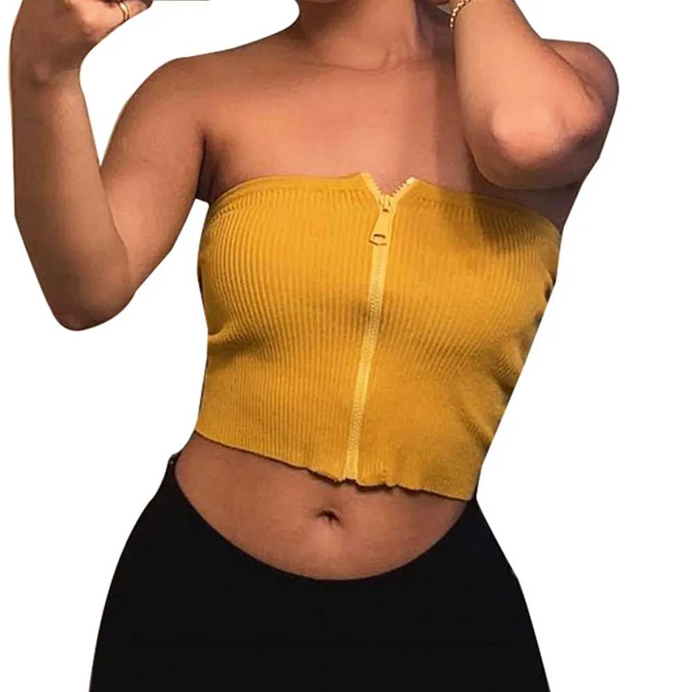 

2019 Summer Women Sexy Strapless Tube Top Zipper Closed Bandeau Chest Wrap Shirts Streetwear Off Shoulder Crop Top