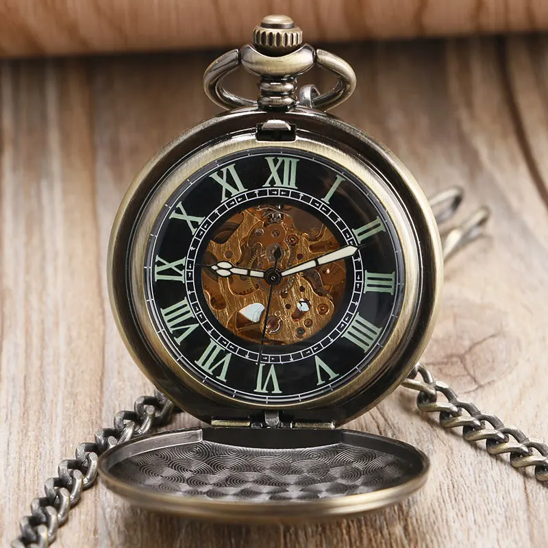 Stylish Copper Pocket Watch Automatic Mechanical  Smooth Face FOB Watches Noctilucent Roman Numerals Bronze Analog Gift Items
