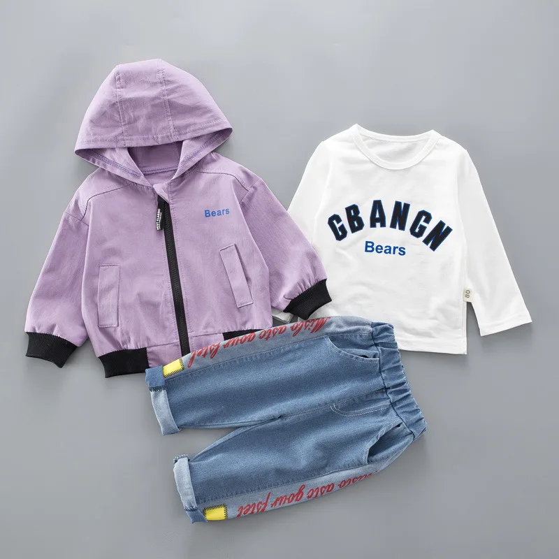 baby sport suit toddler clothing for boys letter print jacket + white t-shirt jeans 3 pieces/set |