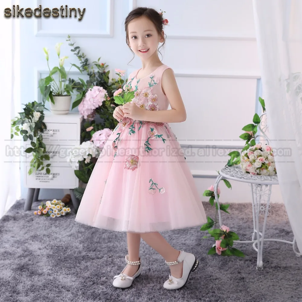 Sikedestiny розовые платья для девочек с цветочным узором Sheer Jewel шеи поясом оборками