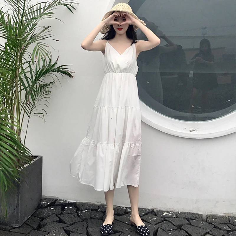Женское платье-миди белое платье с v-образным вырезом на бретельках винтажное