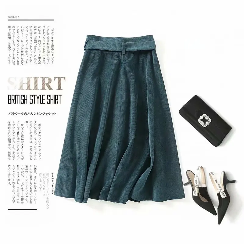 

Retro Bow Tied Sashes Corduroy Skirt 2018 NEW Women Single-Breasted Buttons Midi Long Swing Skirts With Belt Femme