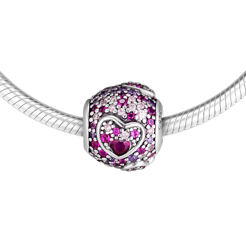 Fit Pandora браслет Асимметричные сердца любви шарм красный и розовый CZ фиолетовый