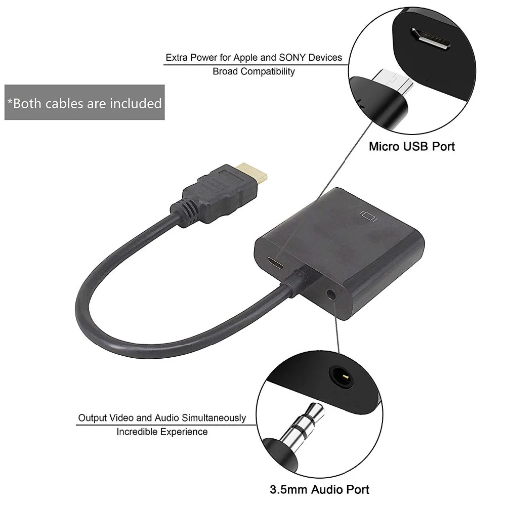 HDMI в VGA с аудио кабелем и дополнительным адаптером питания USB позолоченный