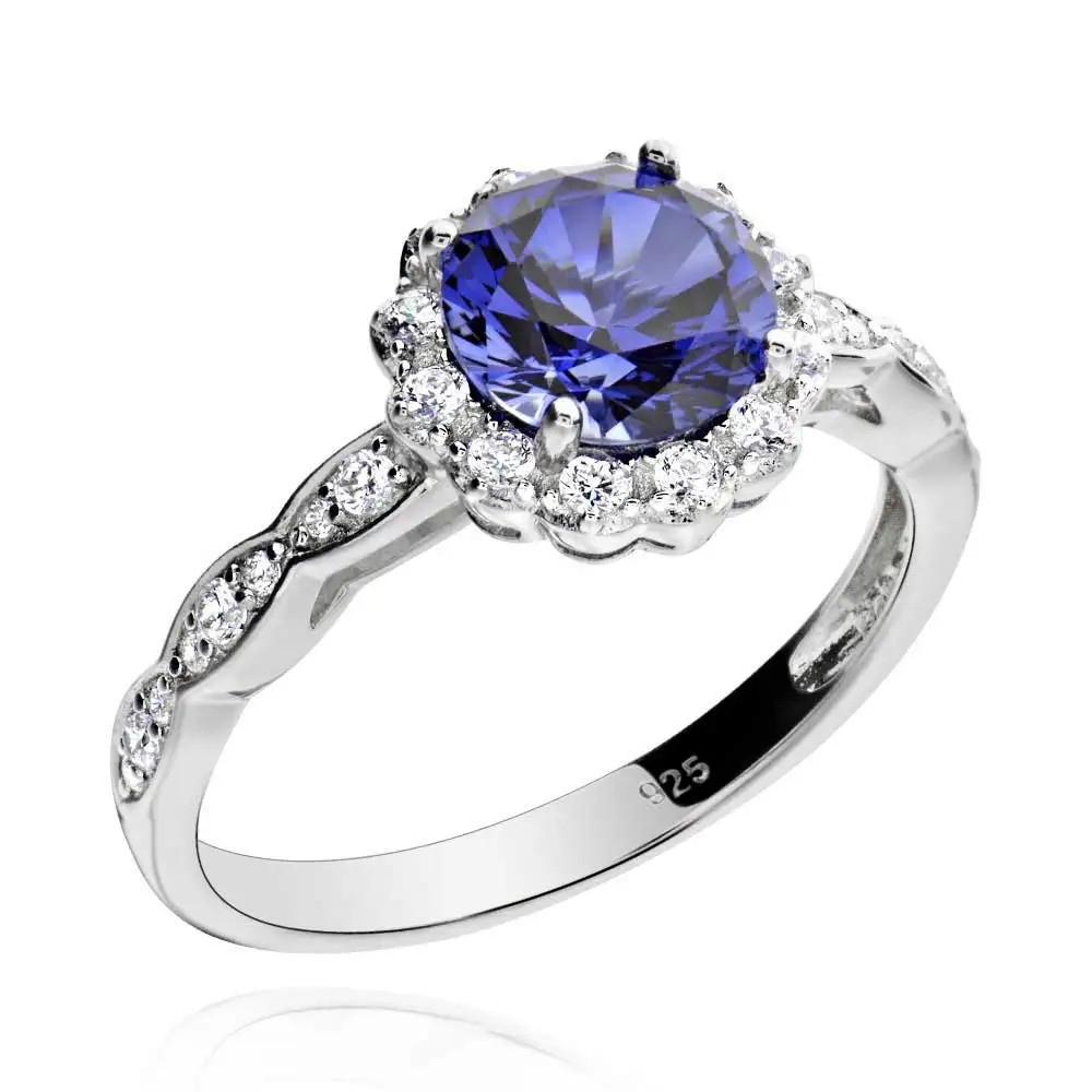 Стерлинговое Серебро 2 карат круглой формы создан синий сапфир & фианит Halo