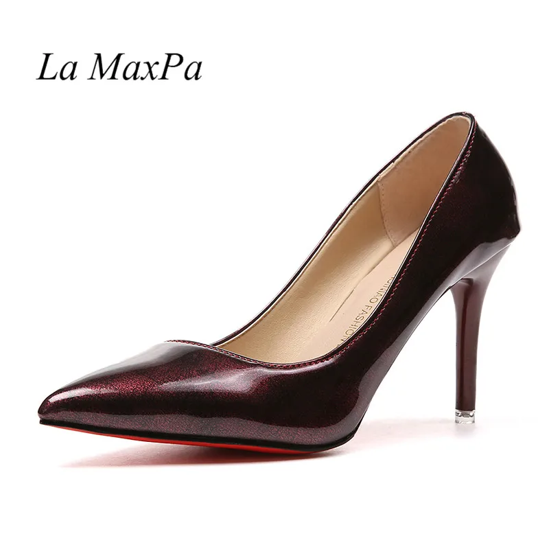 wine red La MaxPa/Новинка года; Туфли Золушки на высоком каблуке; женские туфли-лодочки с острым носком; пикантные женские офисные туфли винно-красного цвета на шпильке 7 см - Цвет: wine red