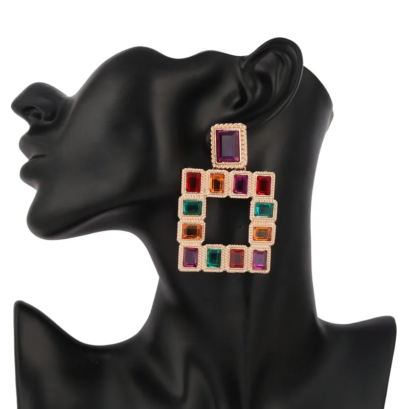 LEADERBEADS Trendy Multicolor Crystal Square Stud Earrings Vintage Geometric Alloy Chandelier Earring Women ZA Statement Jewelry | Украшения