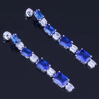 royal rectangle blue cubic zirconia white cz silver plated drop dangle earrings v0204