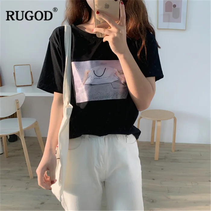 RUGOD Harajuku стиль женщины сумку печати футболка летние Круглая горловина хлопковые