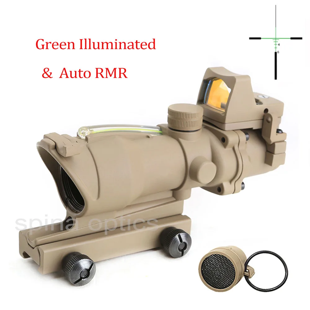 Охотничий Прицел ACOG 4X32 из настоящего волокна, красный, зеленый, с подсветкой, прицел с RMR Red Dot для винтовки. 223. 308 калибра - Цвет: Green fiber sand