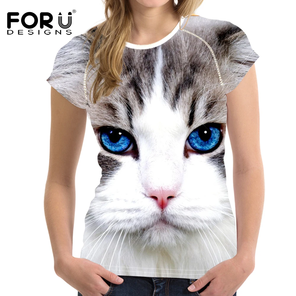 

Новинка 2019, модная футболка FORUDESIGNS с принтом милого кота для женщин, дышащая удобная летняя футболка с коротким рукавом и круглым вырезом