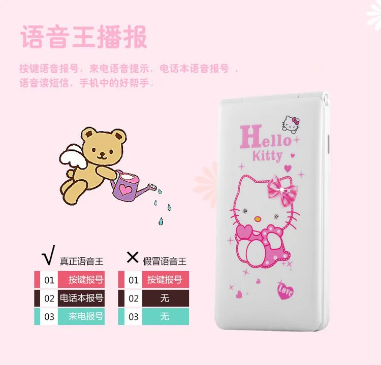 Hello kitty, 1800 мА/ч, флип, две sim-карты, GPRS, дыхательный светильник, сенсорный экран, сотовый телефон для женщин, девочек, детей, MP3, MP4, мультяшный мобильный телефон