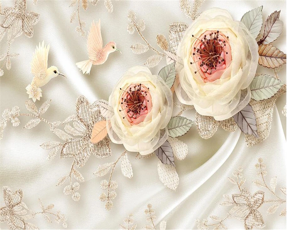 Бэйбэханг Персонализированная большая 3D обои роскошной свадебной комнаты шелковые цветы птицы кружева стерео ТВ фоновая стена.